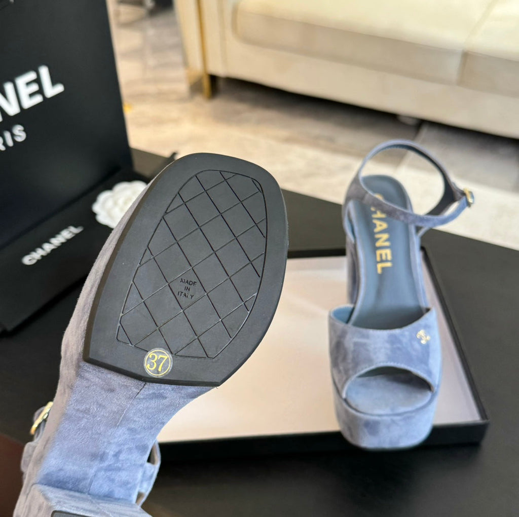 HIGH HEEL PLATFORM SANDALS IN PIGEON BLUE SUEDE