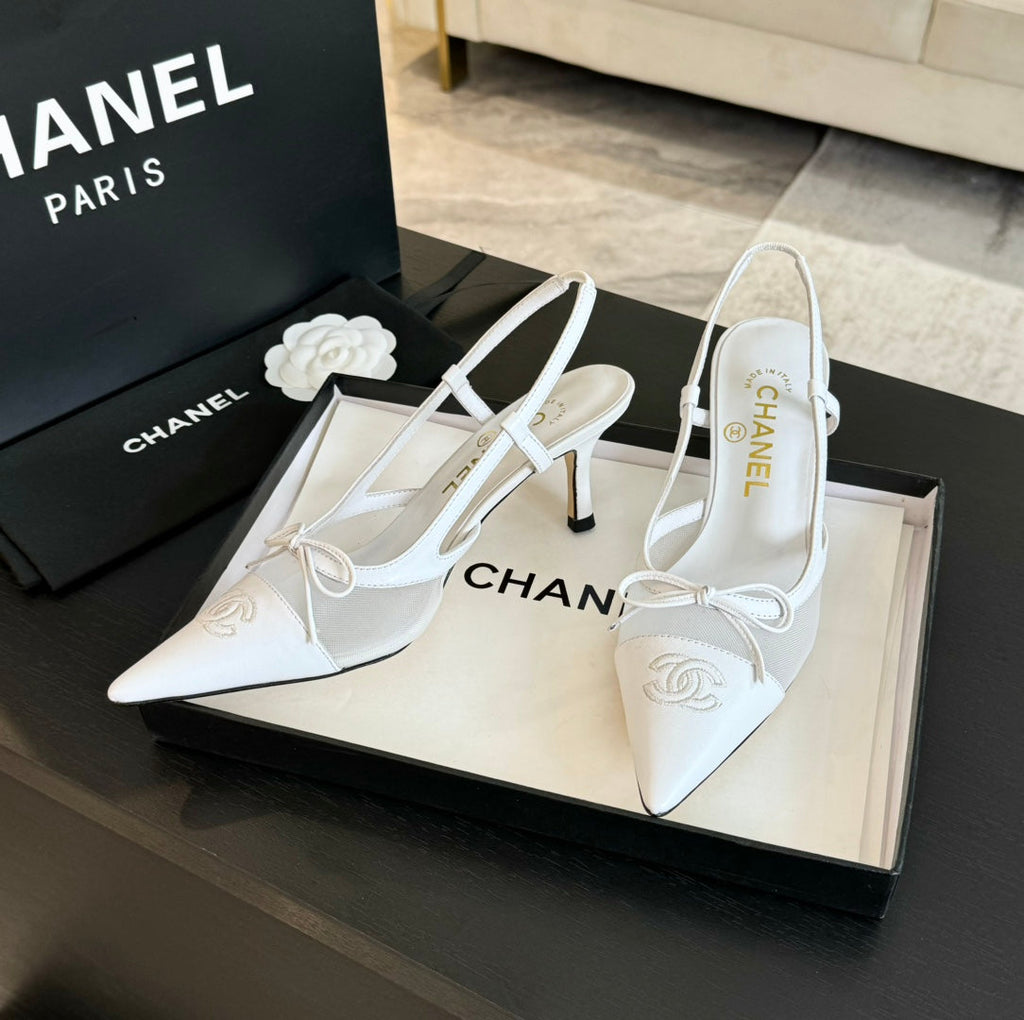 MESH LOGO SLINGBACKS IN WHITE LAMBSKIN
