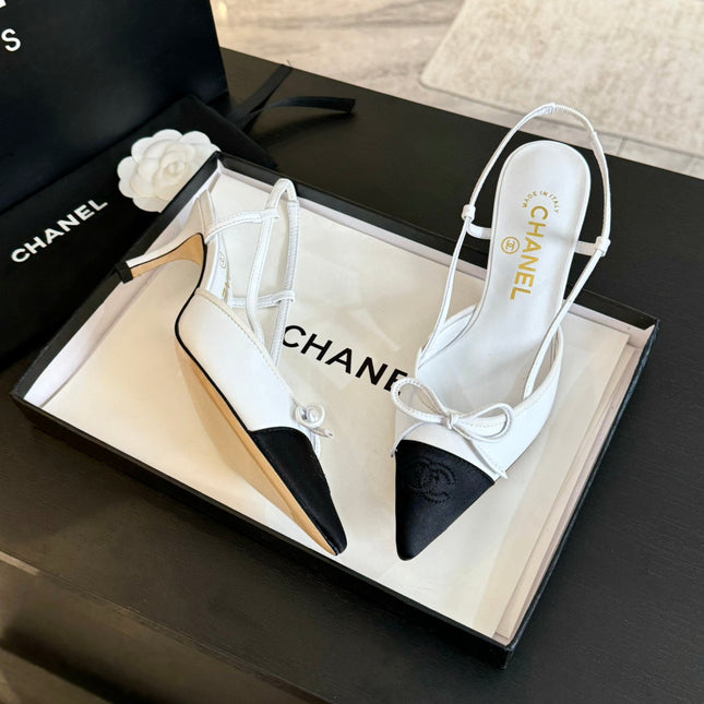 SLINGBACK WITH BOW IN WHITE MIX BLACK LAMBSKIN