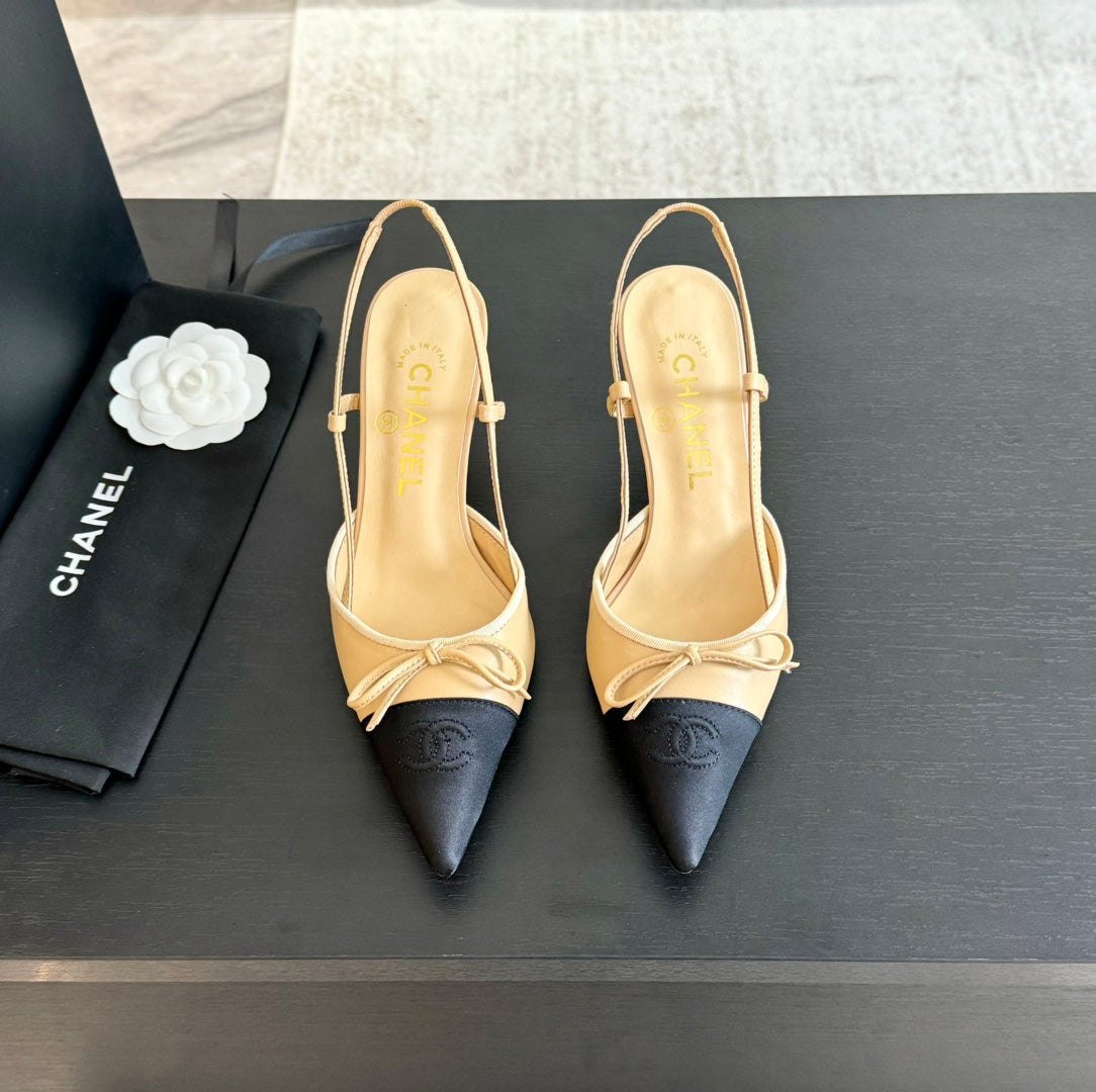 SLINGBACK WITH BOW IN BEIGE CREAM MIX BLACK LAMBSKIN