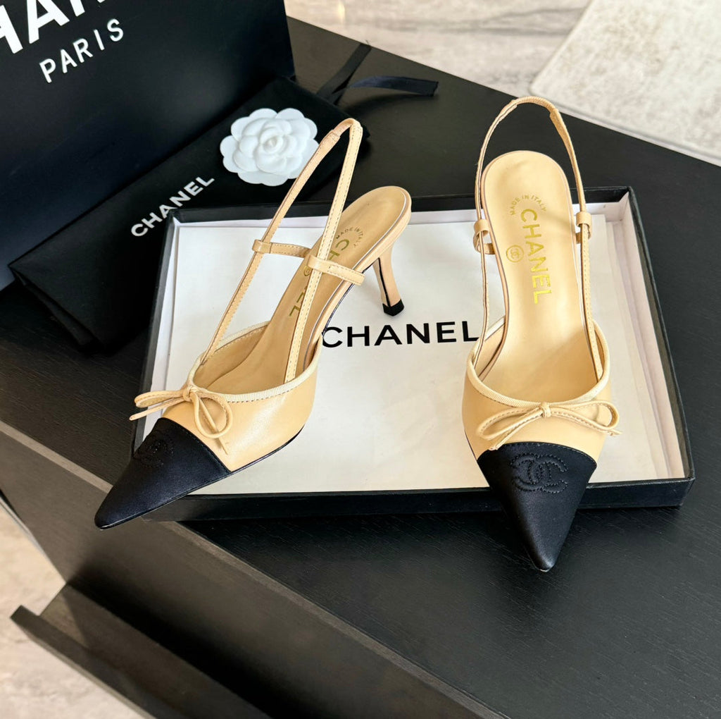 SLINGBACK WITH BOW IN BEIGE CREAM MIX BLACK LAMBSKIN