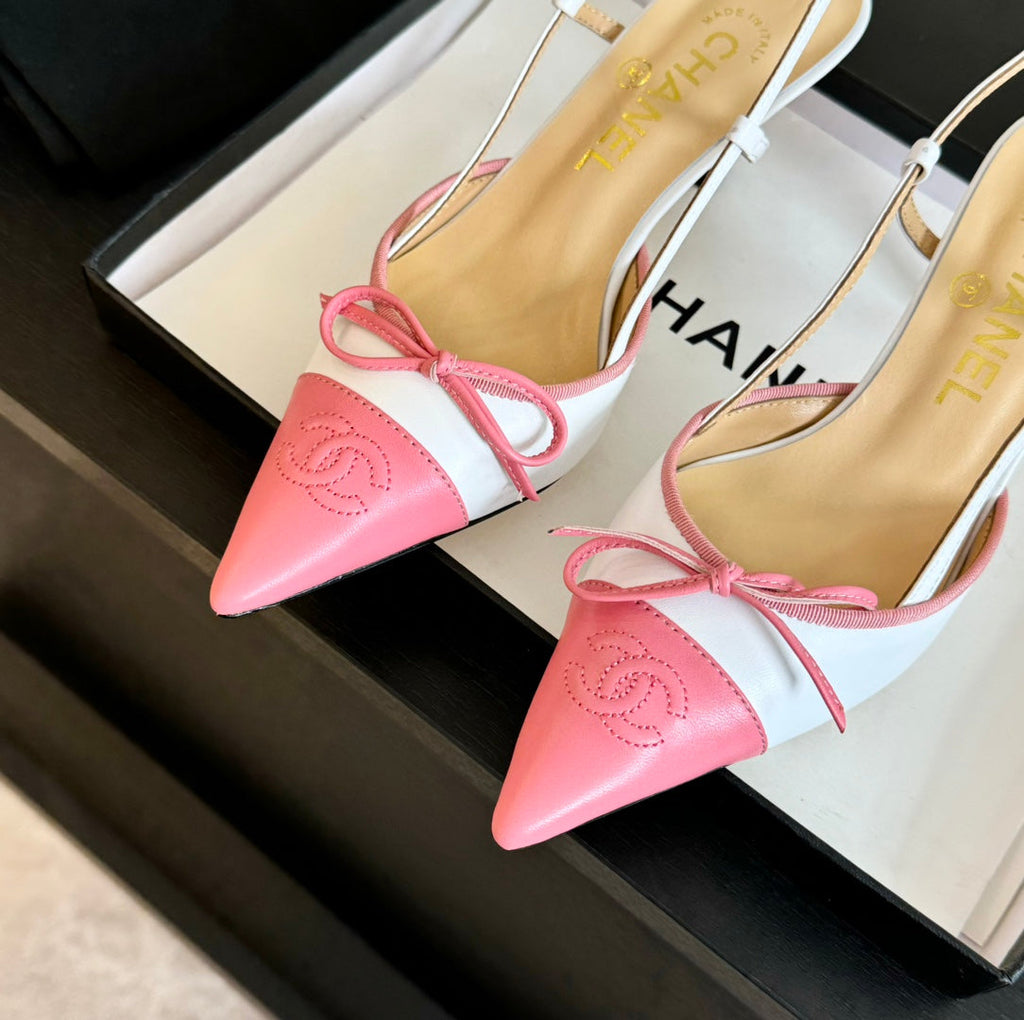 SLINGBACK WITH BOW IN LIGHT PINK MIX WHITE LAMBSKIN
