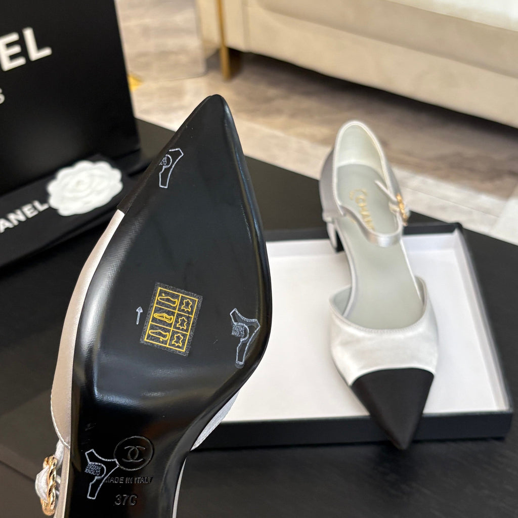 BLOCK HEEL SLINGBACKS IN SILVER MIX BLACK SILK FABRIC