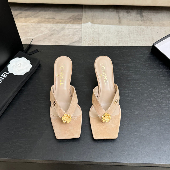 CHANEL 26S CAMELLIA THONG MULE IN BEIGE LAMBSKIN