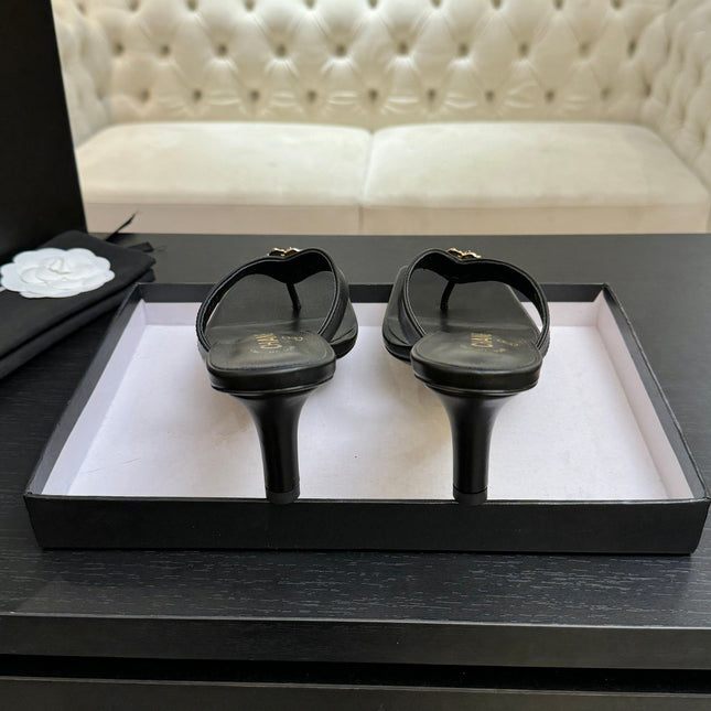 CHANEL 26S CAMELLIA THONG MULE IN BLACK LAMBSKIN