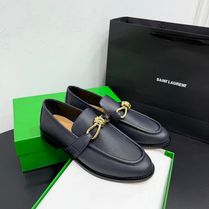 BOTTEGA VENETA 26S LOAFERS IN BLUE GRAY GRAINED CALFSKIN WITH GOLD HARDWARE
