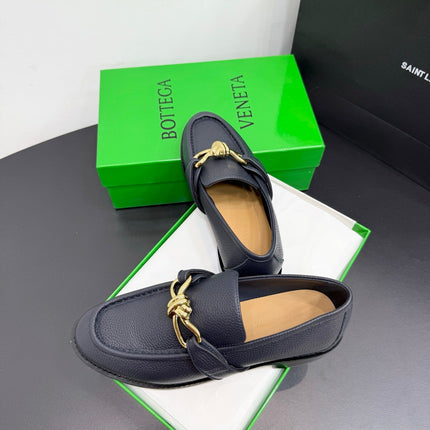 BOTTEGA VENETA 26S LOAFERS IN BLUE GRAY GRAINED CALFSKIN WITH GOLD HARDWARE