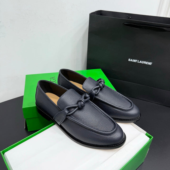 BOTTEGA VENETA 26S LOAFERS IN BLUE GRAY GRAINED CALFSKIN
