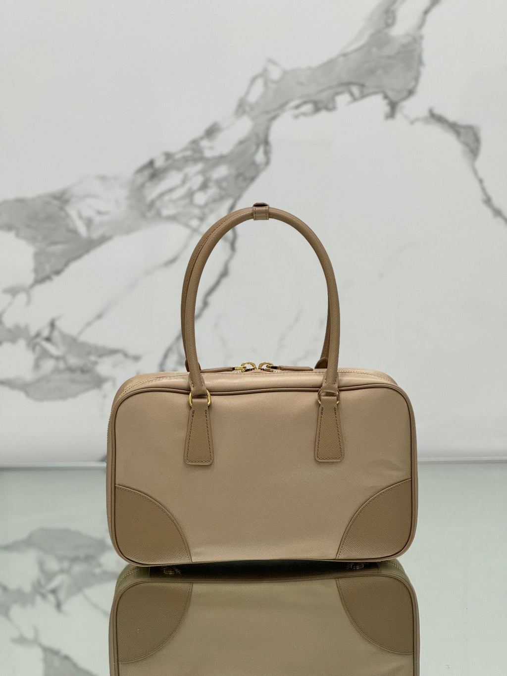 MEDIUM TOP HANDLE BAG 30 IN DRIED MOSS NYLON AND CALFSKIN TRIM