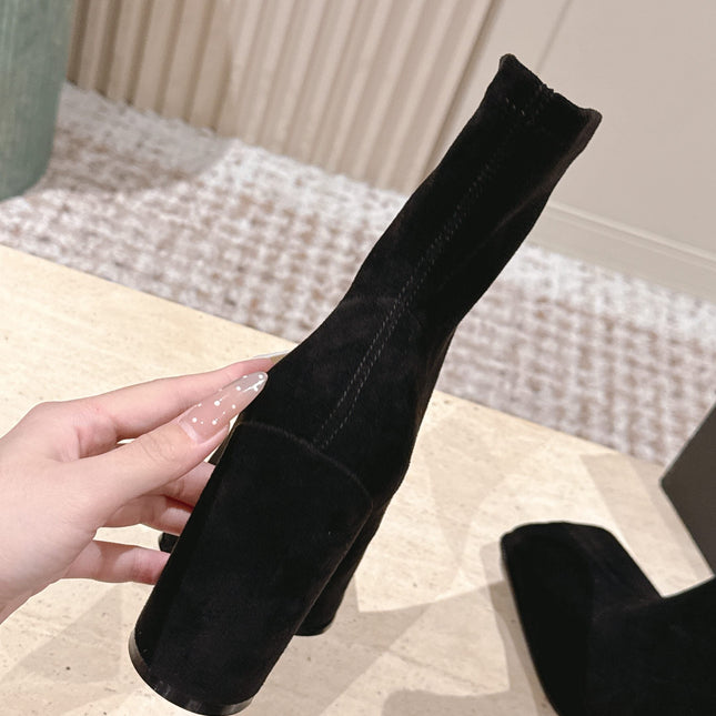 ALAIA 26S HEELED BOOTS 90 MM IN BLACK SUEDE