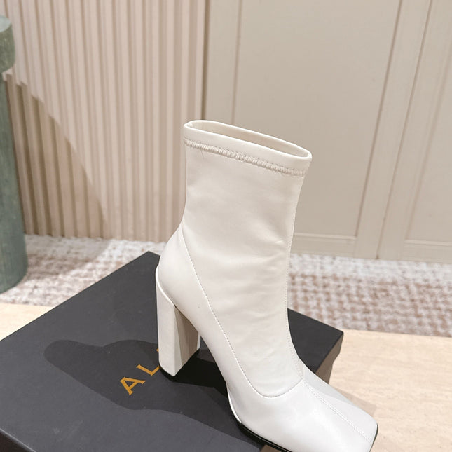 ALAIA 26S HEELED BOOTS 90 MM IN WHITE CALFSKIN