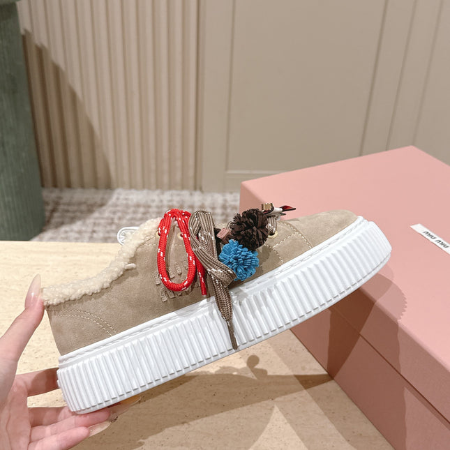 MIUMIU 25S SNEAKERS 50MM IN DARK BEIGE SUEDE WITH SHEARLING