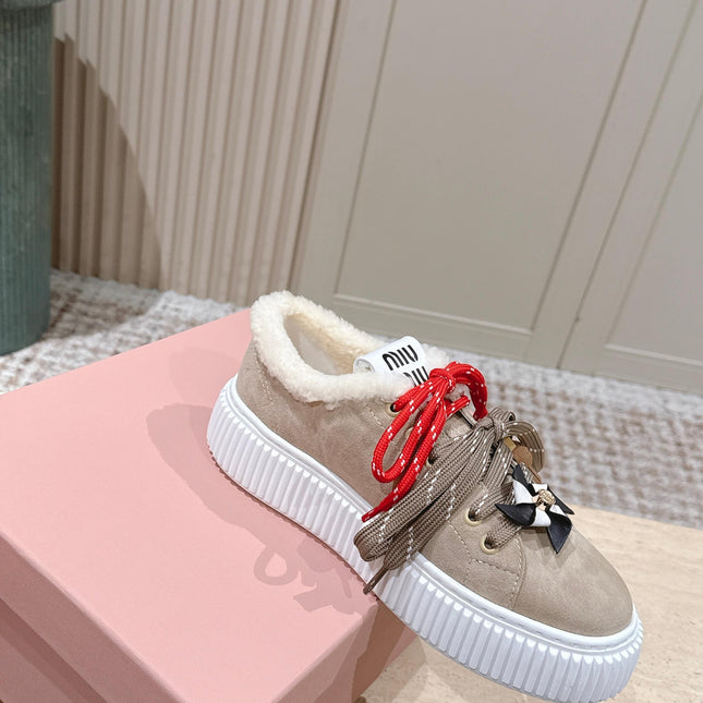 MIUMIU 25S SNEAKERS 50MM IN DARK BEIGE SUEDE WITH SHEARLING