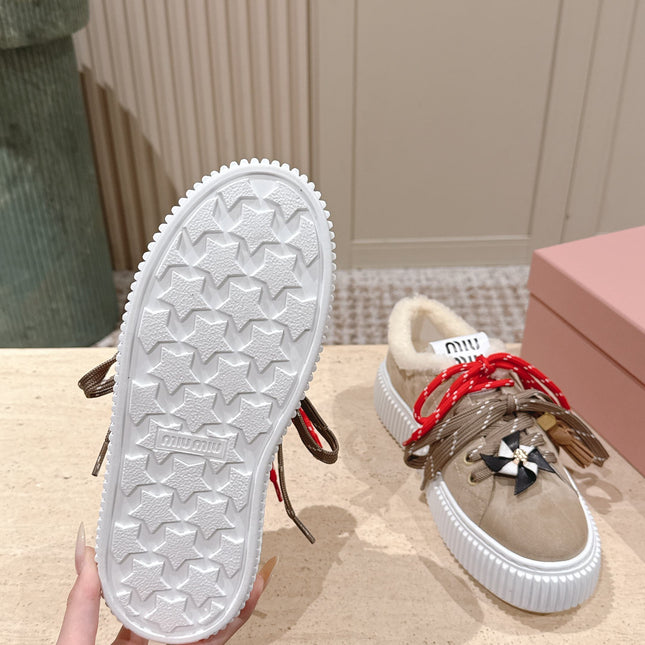 MIUMIU 25S SNEAKERS 50MM IN DARK BEIGE SUEDE WITH SHEARLING