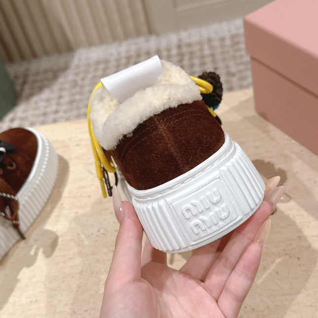 MIUMIU 25S SNEAKERS 50MM IN DARK BROWN SUEDE WITH SHEARLING