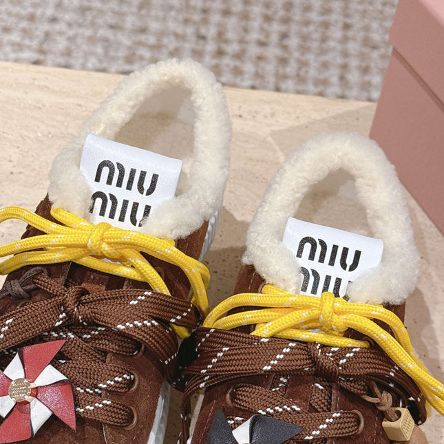 MIUMIU 25S SNEAKERS 50MM IN DARK BROWN SUEDE WITH SHEARLING