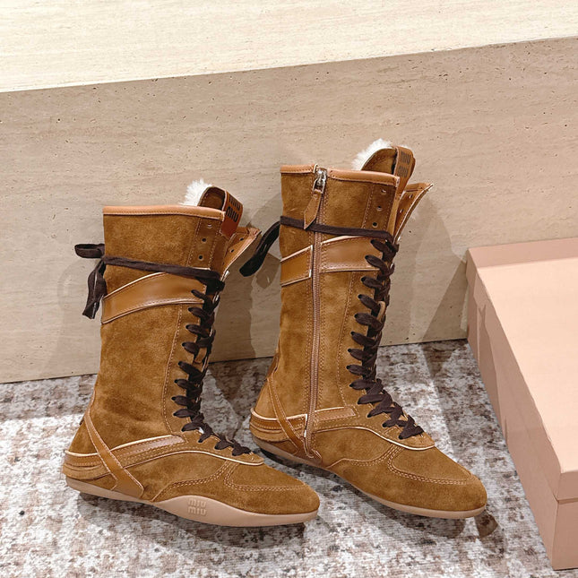 MIUMIU 25S ANKLE BOOTS IN CARAMEL BROWN SUEDE WITH SHEARLING