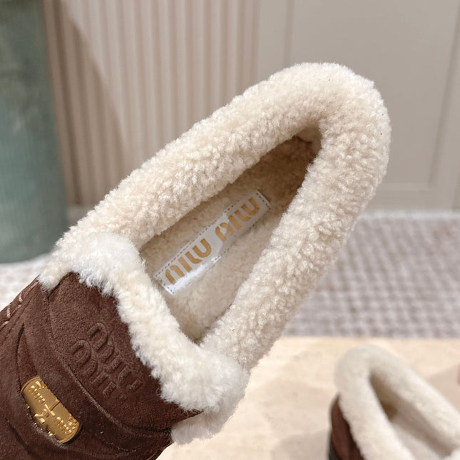MIUMIU 25S PENNY LOAFERS 20MM IN DARK BROWN SUEDE WITH SHEARLING