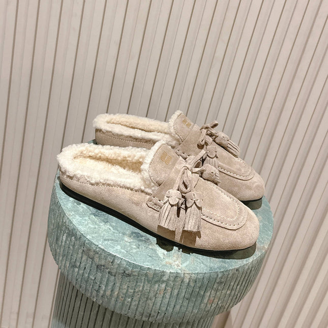 MIUMIU 25S MULES IN DESERT BEIGE SUEDE WITH SHEARLING
