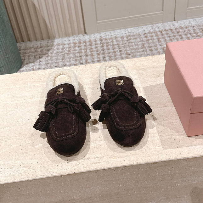 MIUMIU 25S MULES IN DARK BROWN SUEDE WITH SHEARLING