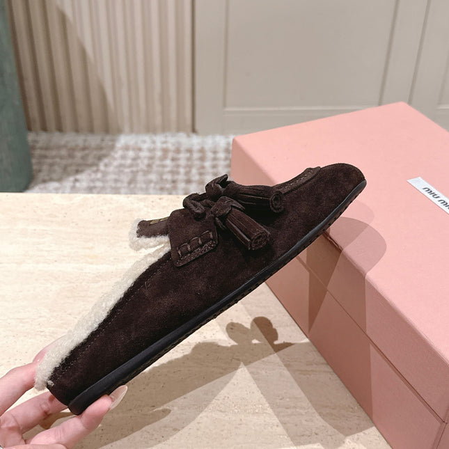 MIUMIU 25S MULES IN DARK BROWN SUEDE WITH SHEARLING