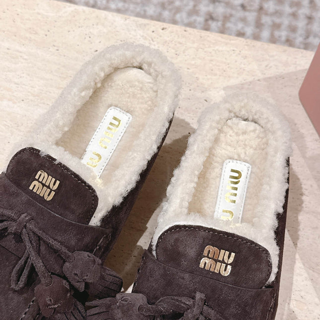 MIUMIU 25S MULES IN DARK BROWN SUEDE WITH SHEARLING