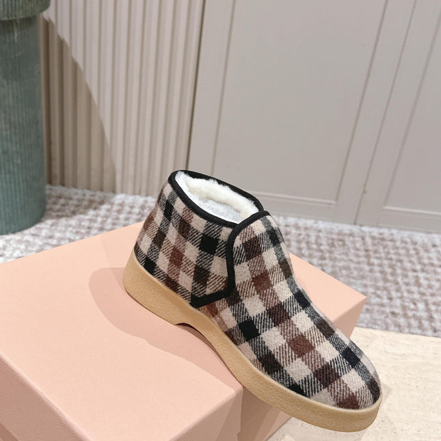 MIUMIU 25S SLIP-ON BOOTIES IN CAMEL BEIGE AND BLUE WOOL WITH SHEARLING