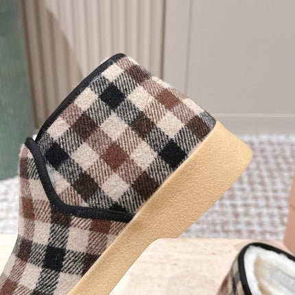 MIUMIU 25S SLIP-ON BOOTIES IN CAMEL BEIGE AND BLUE WOOL WITH SHEARLING