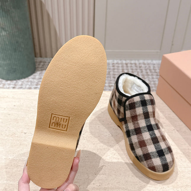 MIUMIU 25S SLIP-ON BOOTIES IN CAMEL BEIGE AND BLUE WOOL WITH SHEARLING