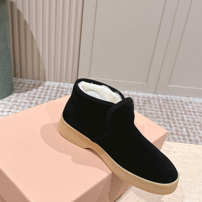 MIUMIU 25S SLIP-ON BOOTIES IN BLACK SUEDE WITH FAUX SHEARLING