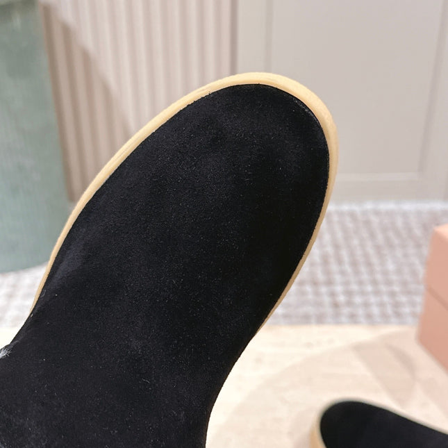 MIUMIU 25S SLIP-ON BOOTIES IN BLACK SUEDE WITH FAUX SHEARLING