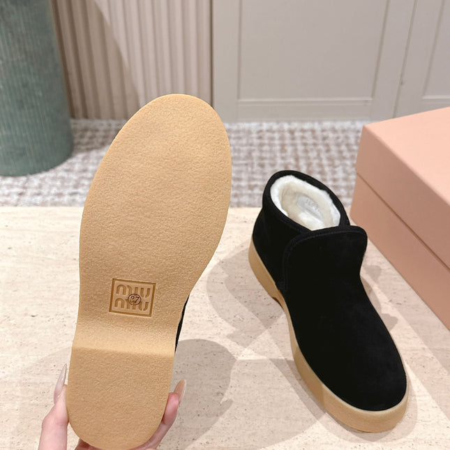 MIUMIU 25S SLIP-ON BOOTIES IN BLACK SUEDE WITH FAUX SHEARLING