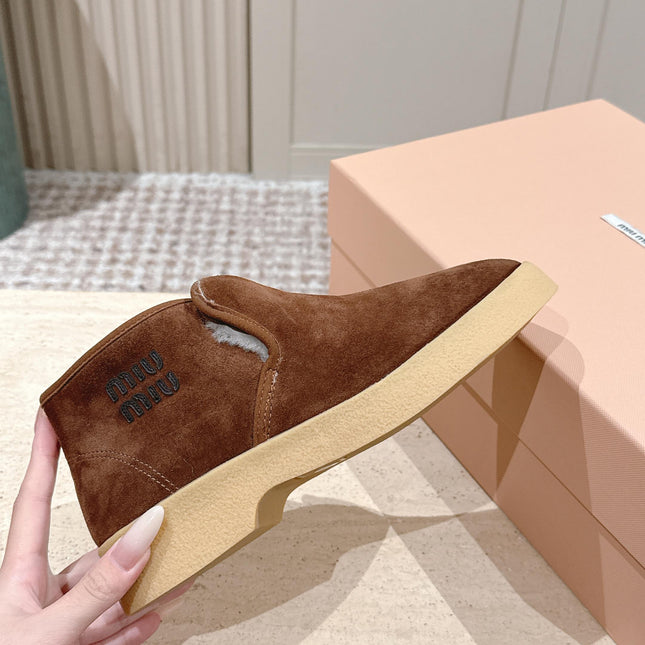 MIUMIU 25S SLIP-ON BOOTIES IN DARK BROWN SUEDE WITH FAUX SHEARLING