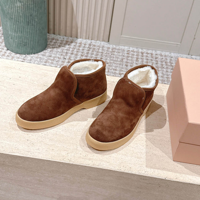 MIUMIU 25S SLIP-ON BOOTIES IN DARK BROWN SUEDE WITH FAUX SHEARLING