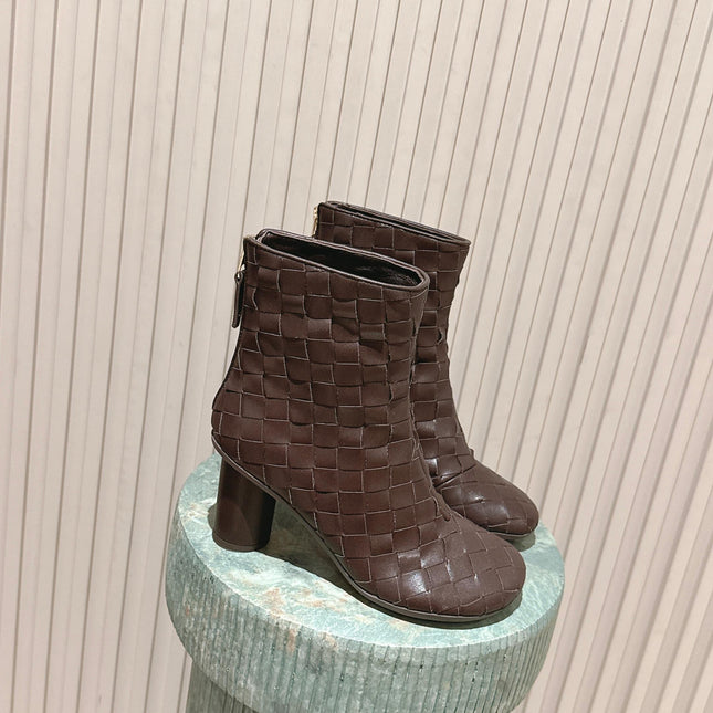 BOTTEGA VENETA 26S INTRECCIATO BOOTS 85 MM IN DARK BROWN LAMBSKIN