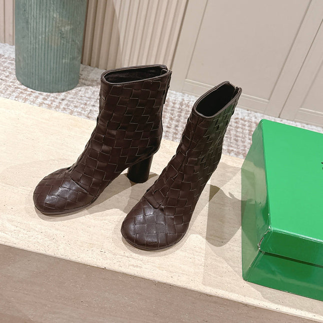 BOTTEGA VENETA 26S INTRECCIATO BOOTS 85 MM IN DARK BROWN LAMBSKIN