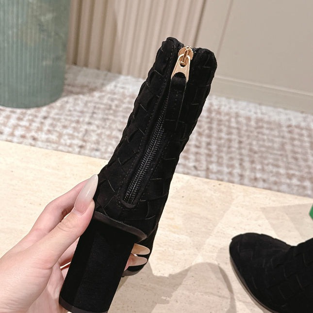 BOTTEGA VENETA 26S INTRECCIATO BOOTS 85 MM IN BLACK SUEDE