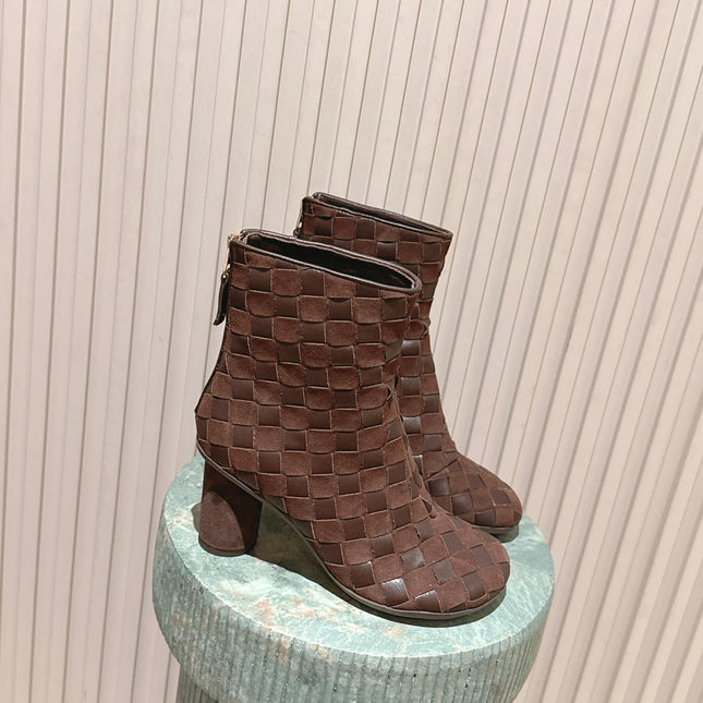 BOTTEGA VENETA 26S INTRECCIATO BOOTS 85 MM IN DARK BROWN SUEDE AND LAMBSKIN