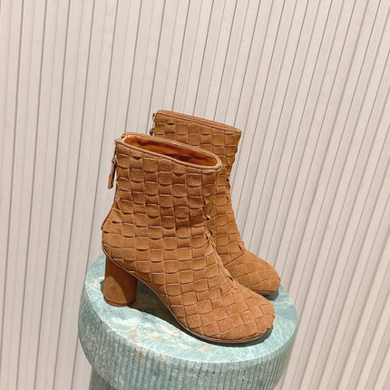 BOTTEGA VENETA 26S INTRECCIATO BOOTS 85 MM IN BROWN SUEDE