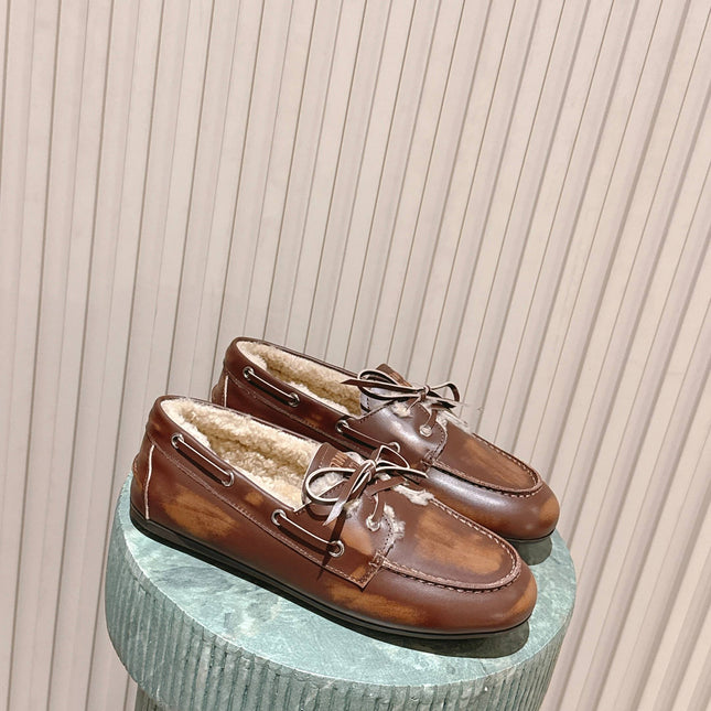 MIUMIU 25S BOAT SHOES IN SIENNA BROWN BLEACHED CALFSKIN WITH SHEARLING