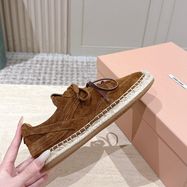 MIUMIU 25S ESPASNEAK ESPADRILLE SNEAKERS IN CARAMEL BROWN SUEDE