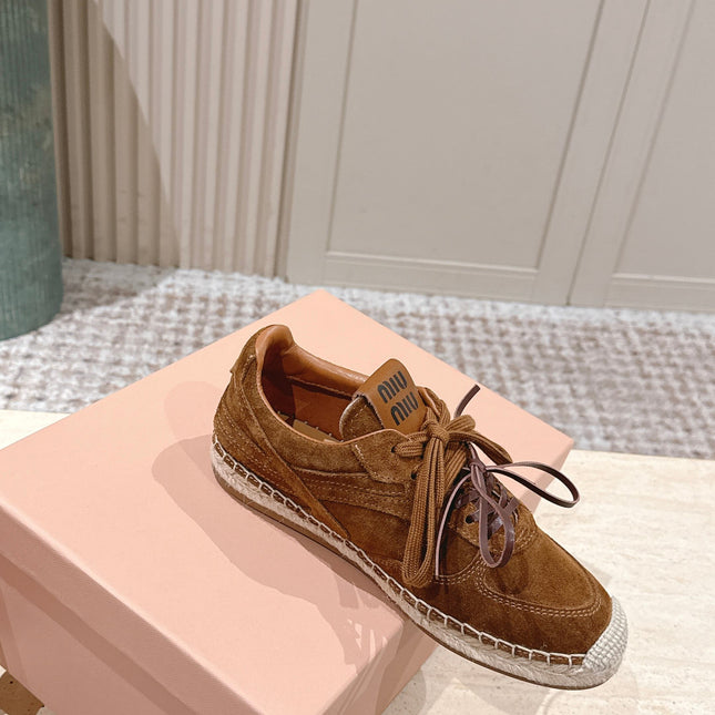 MIUMIU 25S ESPASNEAK ESPADRILLE SNEAKERS IN CARAMEL BROWN SUEDE