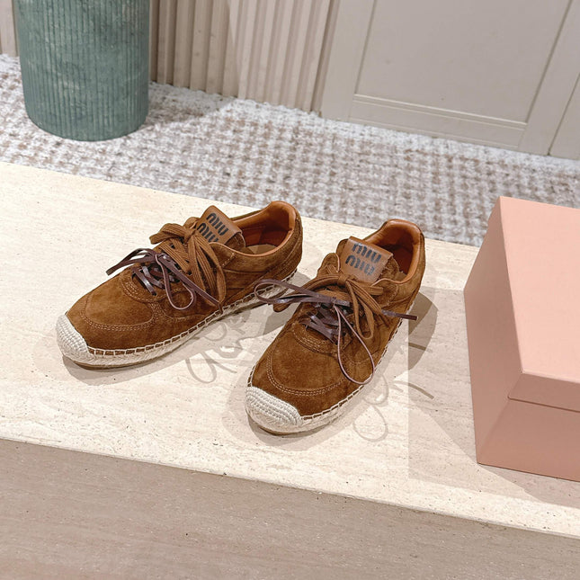 MIUMIU 25S ESPASNEAK ESPADRILLE SNEAKERS IN CARAMEL BROWN SUEDE