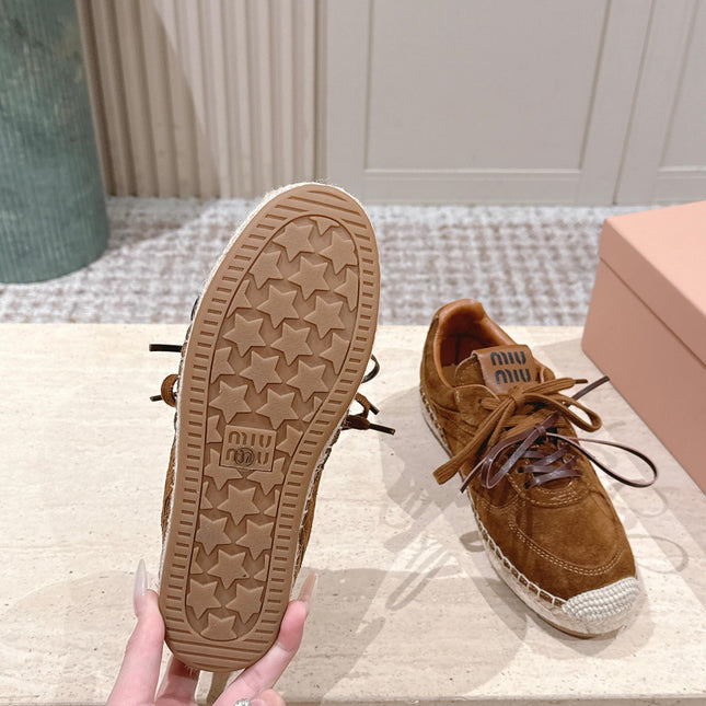 MIUMIU 25S ESPASNEAK ESPADRILLE SNEAKERS IN CARAMEL BROWN SUEDE