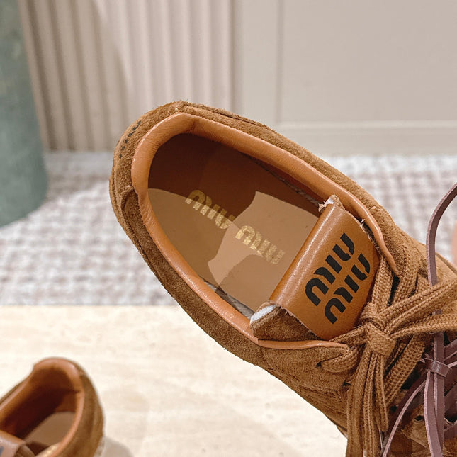 MIUMIU 25S ESPASNEAK ESPADRILLE SNEAKERS IN CARAMEL BROWN SUEDE