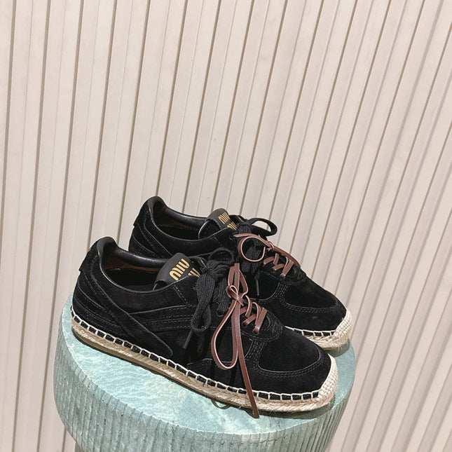 MIUMIU 25S ESPASNEAK ESPADRILLE SNEAKERS IN BLACK SUEDE