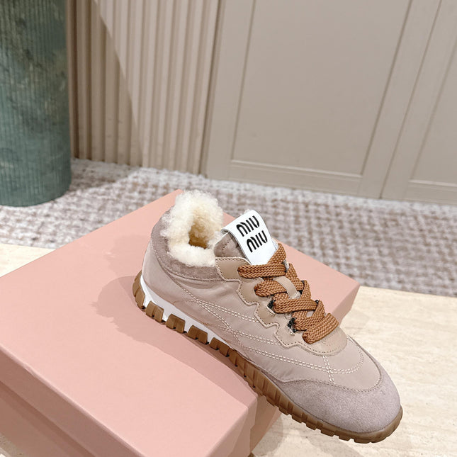 MIUMIU 25S SNEAKERS IN DARK ROSE TYRE TECHNICAL FABRIC AND SUEDE SHEARLING