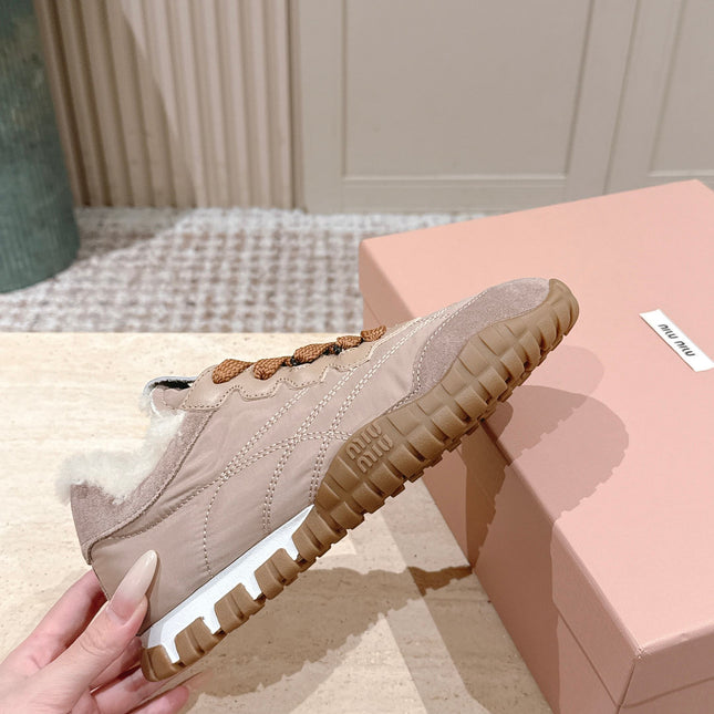 MIUMIU 25S SNEAKERS IN DARK ROSE TYRE TECHNICAL FABRIC AND SUEDE SHEARLING