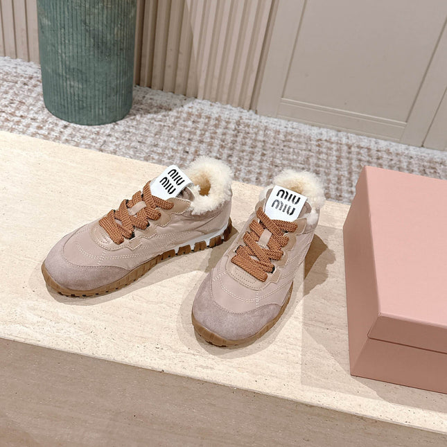 MIUMIU 25S SNEAKERS IN DARK ROSE TYRE TECHNICAL FABRIC AND SUEDE SHEARLING