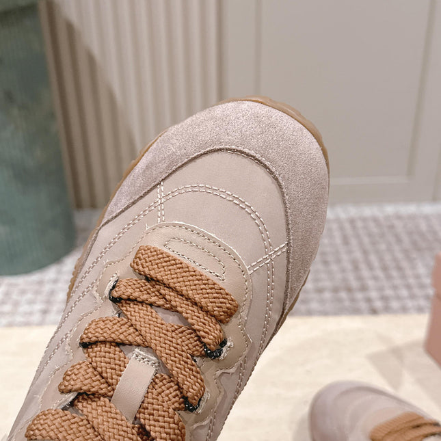 MIUMIU 25S SNEAKERS IN DARK ROSE TYRE TECHNICAL FABRIC AND SUEDE SHEARLING
